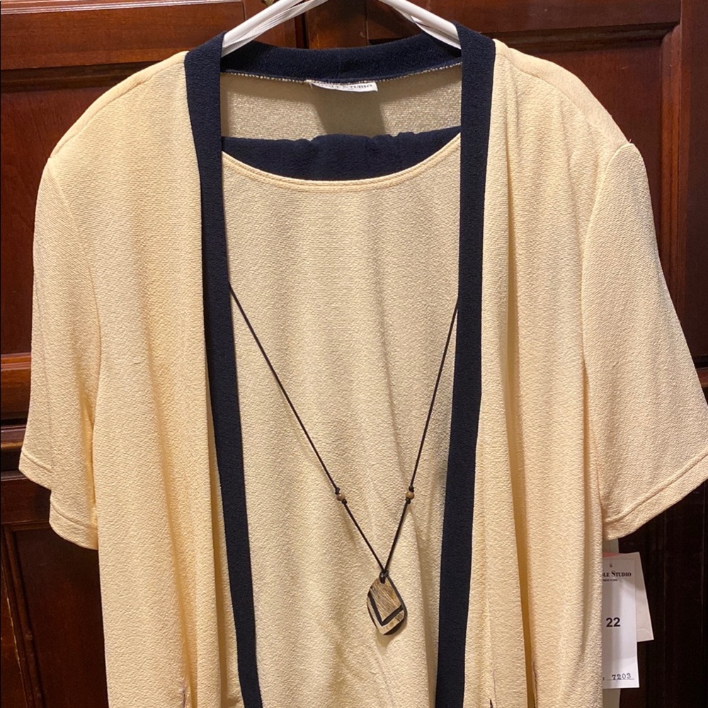 Light yellow and black cardigan, shell and black pants set with necklace vintage